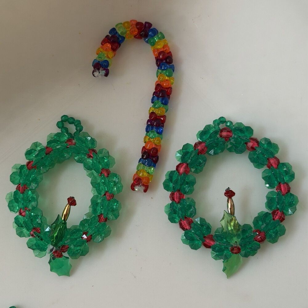 Vintage Handcrafted Beaded Christmas Ornaments Wreaths Candy Cane Set of 3